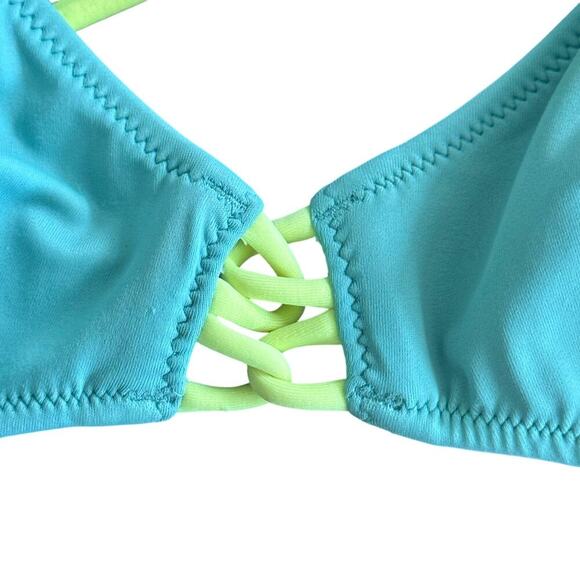VICTORIA’S SECRET Vibrant Turquoise and Yellow Strappy Bikini Top Sz M - Picture 2 of 10